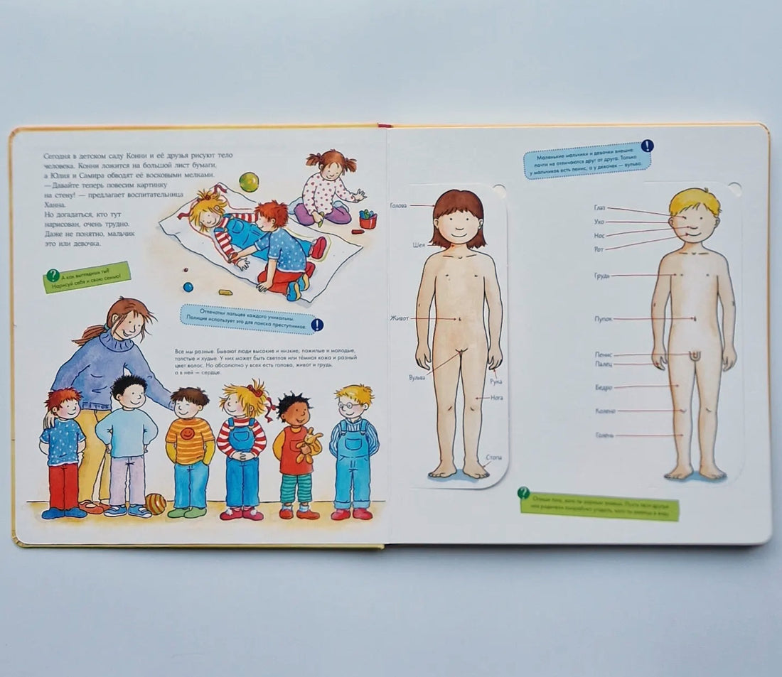 Connie studies the body. Book with windows